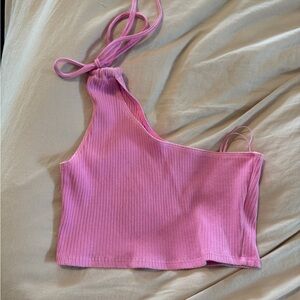 Aerie Pink Asymmetrical Ribbed Crop Tank